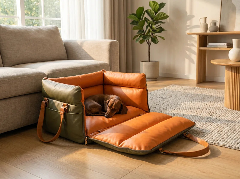 The car seat unzipped flat into a dog bed on a living room floor with a dachshund asleep on it