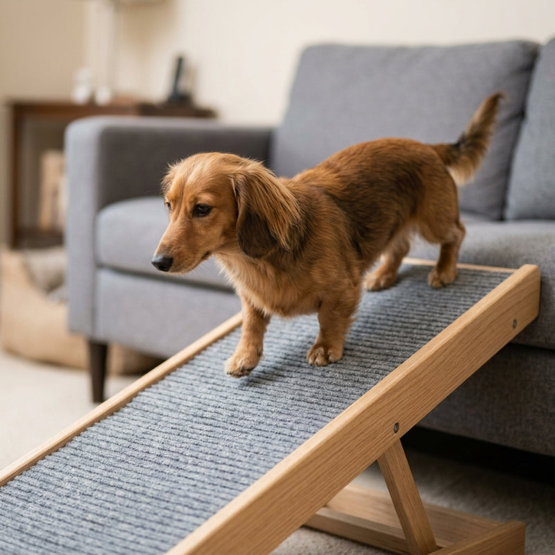 A dachshund walking down the wooden pet ramp's non-slip carpet surface from a grey sofa